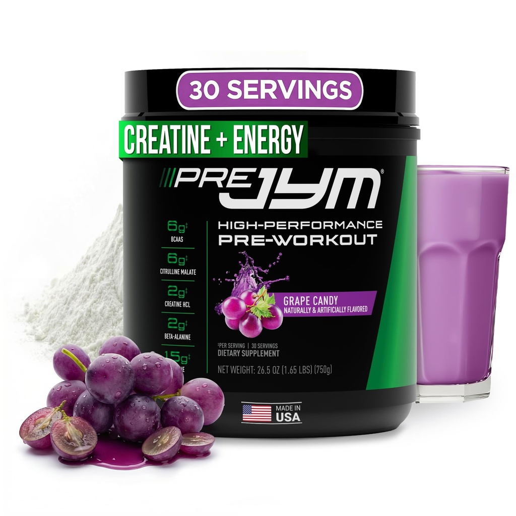 JYM Supplement Science Pre JYM Grape Candy Pre Workout Powder for Men & Women, BCAAs, Nootropics, Creatine HCI, Citrulline, Beta-Alanine, Betaine, Taurine, Huperzine, 30 Υπηρεσίες