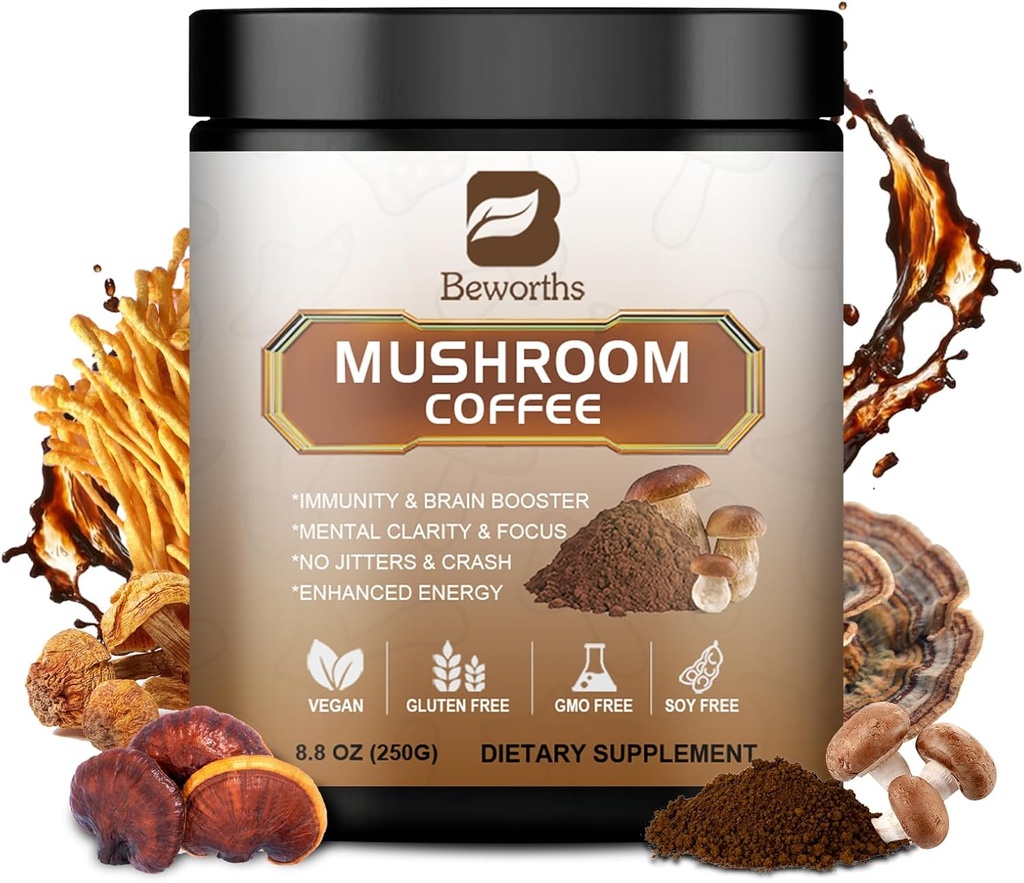 250g Mushroom Coffee - Lions Mane Mushroom Powder Instant Coffee with Lion's Mane, Reishi, Chaga, Cordyceps, Turkey Tail, Arabica - Mushrooms Coffe Blend Support Gut, Focus, Brain Health