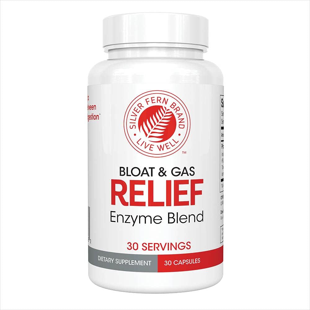 Ασημί Fern Bloat & Gas Relief Digestive Enzyme Blend - 1 Φιάλη = 30 Σερβιέτες - FODMAP & Bloating Digestion Supplement with Tolerase L, Pectinase & More (1 Bottle)