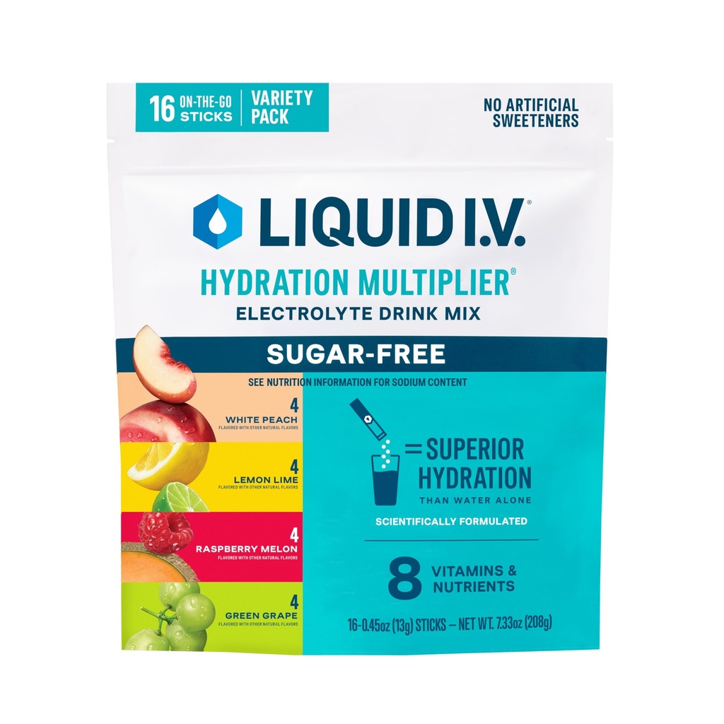 Liquid I.V.® Hydration Multiplier Sugar-Free Variety Pack - Πεπόνι σμέουρων, λεμόνι, λευκό Peachάκινο, πράσινο σταφύλι (Variety Pack)