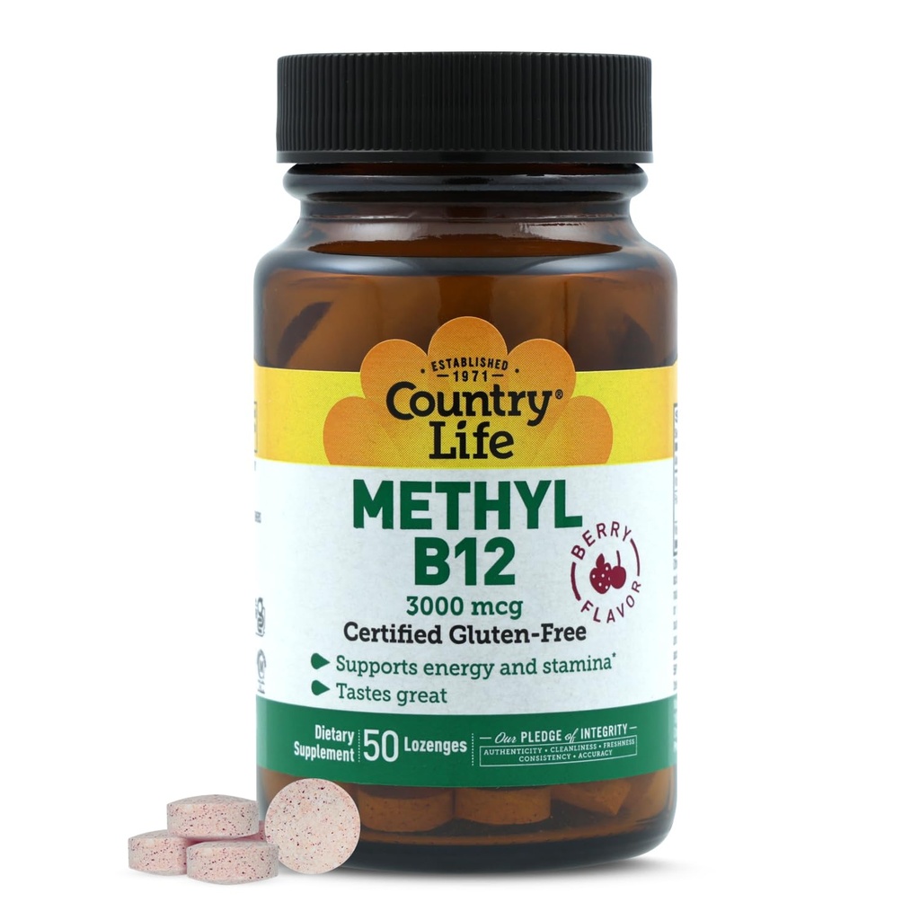 Country Life Methyl B-12 3000 mcg Lozenges, Vegan, Methylcobalamin για την ενέργεια και, εύκολα απορροφηθεί, B12 βιταμίνη, Υποστηρίζει τα επίπεδα ενέργειας, Stamina & Μεταβολισμός, 50 Count