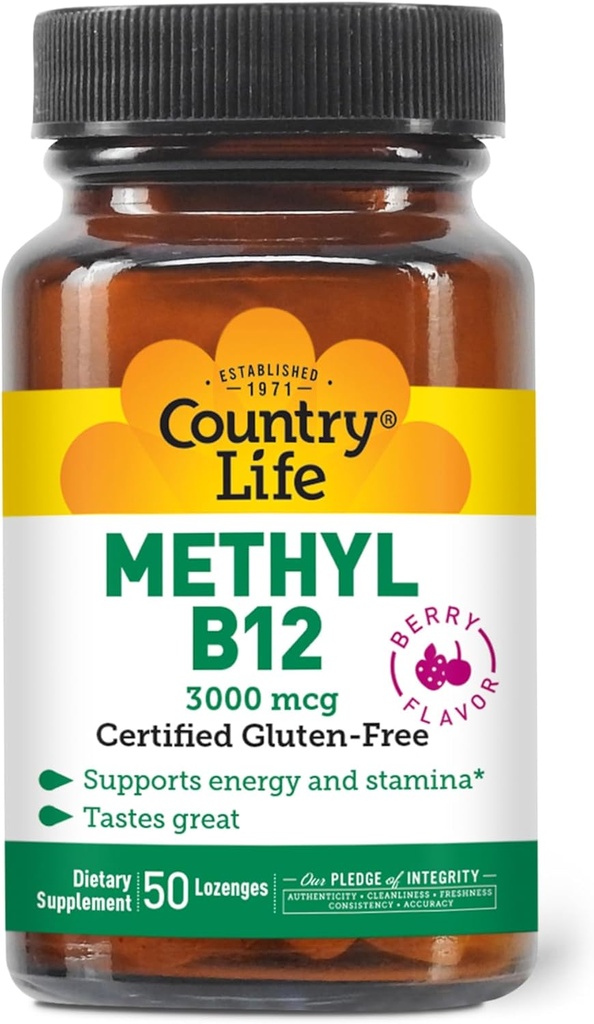 Country Life Methyl B-12 3000 mcg Lozenges, Vegan, Methylcobalamin for Energy and, Easily Absorbed, B12 Vitamin, Supports Energy Levels, Stamina & Metabolism, 50 Count