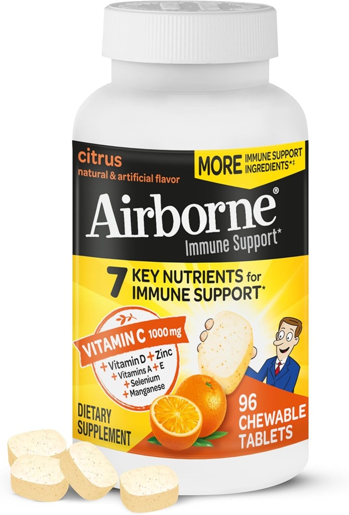 Airborne Vitamin C 1000mg (ανά Σερβίρισμα) - Citrus Chewable Tables (96 Count in a Box) - Συσκευασία May Vary