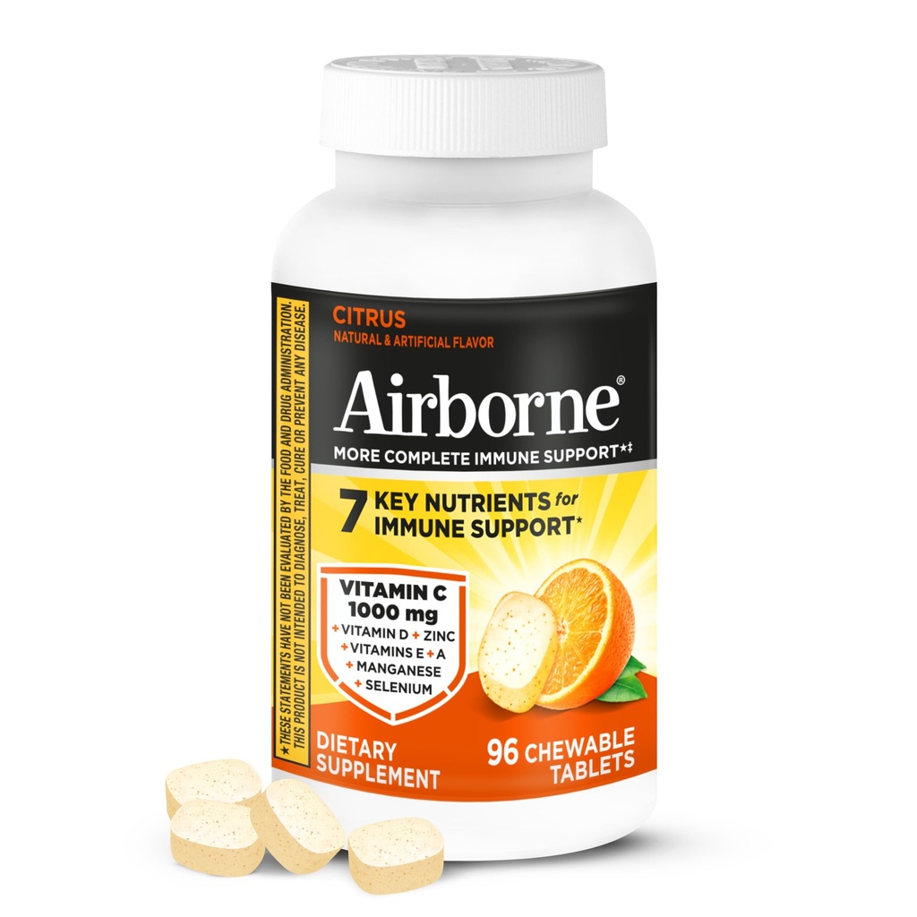 Airborne Vitamin C 1000mg (ανά Σερβίρισμα) - Citrus Chewable Tables (96 Count in a Box) - Συσκευασία May Vary