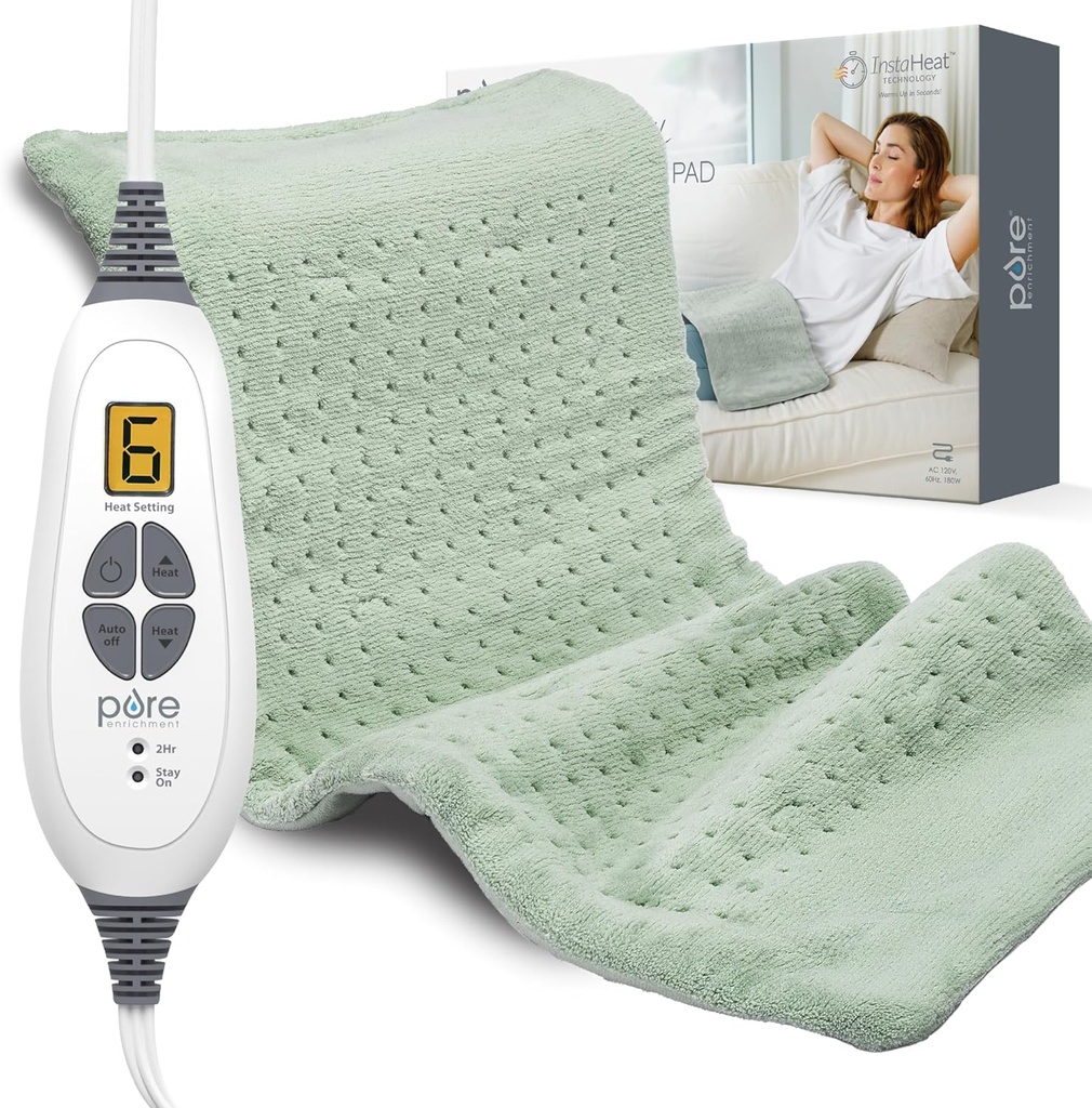 Pure Enrichment PureRelief XL Heating Pad - 12" x 24" Electric Heating Pad for Back Pain & Cramps, 6 Heat Settings, FSA/HSA Eligible, Soft Machine Wash Fabric, Auto-Off & Moist Heat (Zen Green)