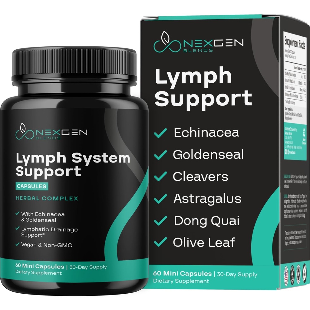 Συμπληρώματα Υποστήριξης Φυτικών Λεμφών - Lymphatic Support Complex with Echinacea Goldenseal Astragalus & Hydroxytyrosol for Lympastic Drainage & Immune Support - Vegan Non-GMO Gluten Free (1 Μήνας)