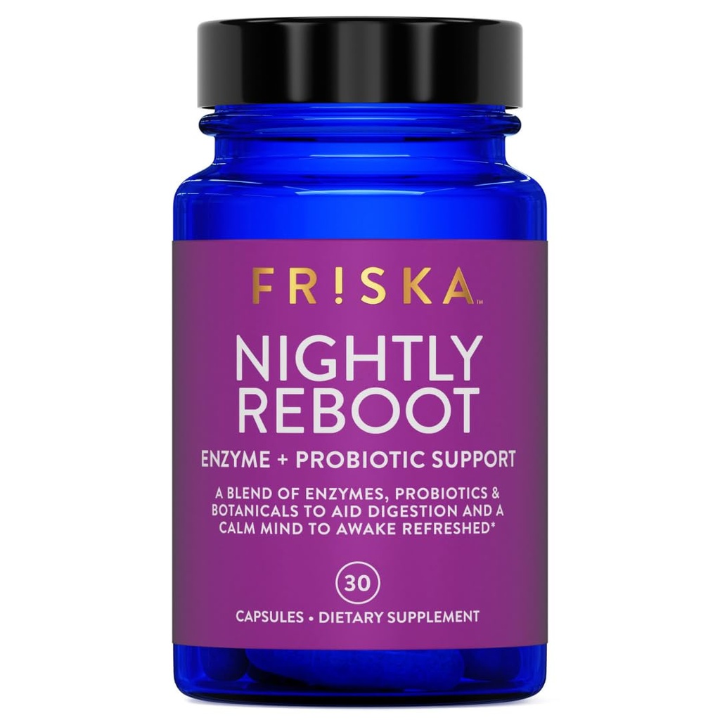 FRISKA Nightly Reboot Enzyme and Probiotics Supplement, Προάγει την Καλύτερη Πέψη και τον Ύπνο, Υποστηρίζει την Υγεία των Ούλων για άνδρες και γυναίκες, Μελατονίνη, Χαμομήλι, 30 Κάψουλες
