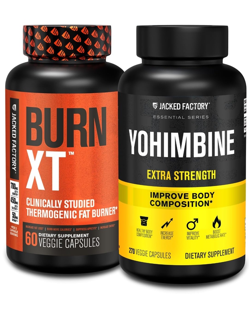 Jacked Factory Fat Burner με Yohimbine - Θερμογόνα συμπληρώματα για άνδρες και γυναίκες - Burn-XT Θερμογόνος καύση λίπους & Yohimbine Επιπλέον συμπλήρωμα δύναμης 2.5mg, 270 κάψουλες
