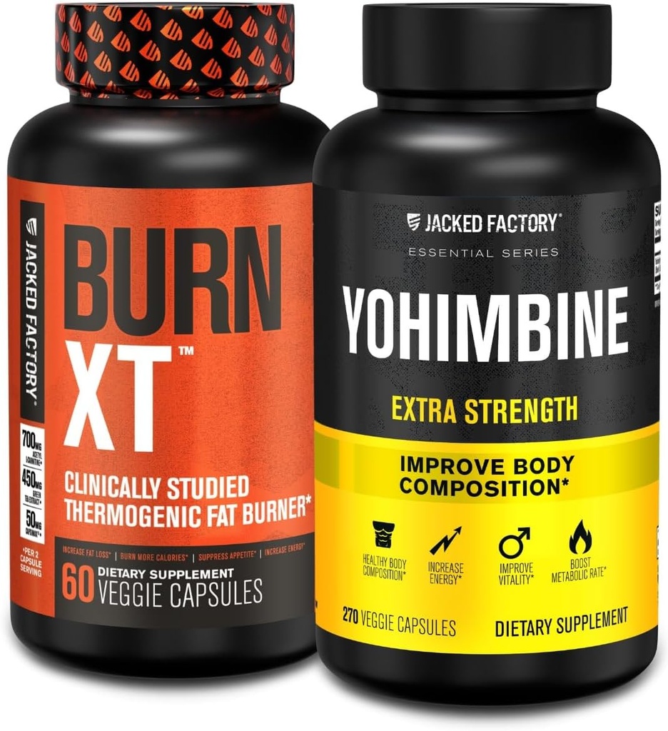 Jacked Factory Fat Burner με Yohimbine - Θερμογόνα συμπληρώματα για άνδρες και γυναίκες - Burn-XT Θερμογόνος καύση λίπους & Yohimbine Επιπλέον συμπλήρωμα δύναμης 2.5mg, 270 κάψουλες