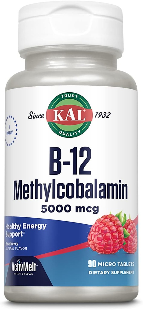 KAL Βιταμίνη B12 Μεθυλοκοβαλαμίνη 5000mcg, Υγιεινή ενέργεια, Μεταβολισμός, Νεύρο & Κόκκινο αίμα Υποστήριξη κυττάρων, * Γρήγορη διαλύονται ενεργοποιήσεις, Βέλτιστη απορρόφηση, Φυσική γεύση βατόμουρο, 90 εξυπηρετούν, 90 micro Tabs