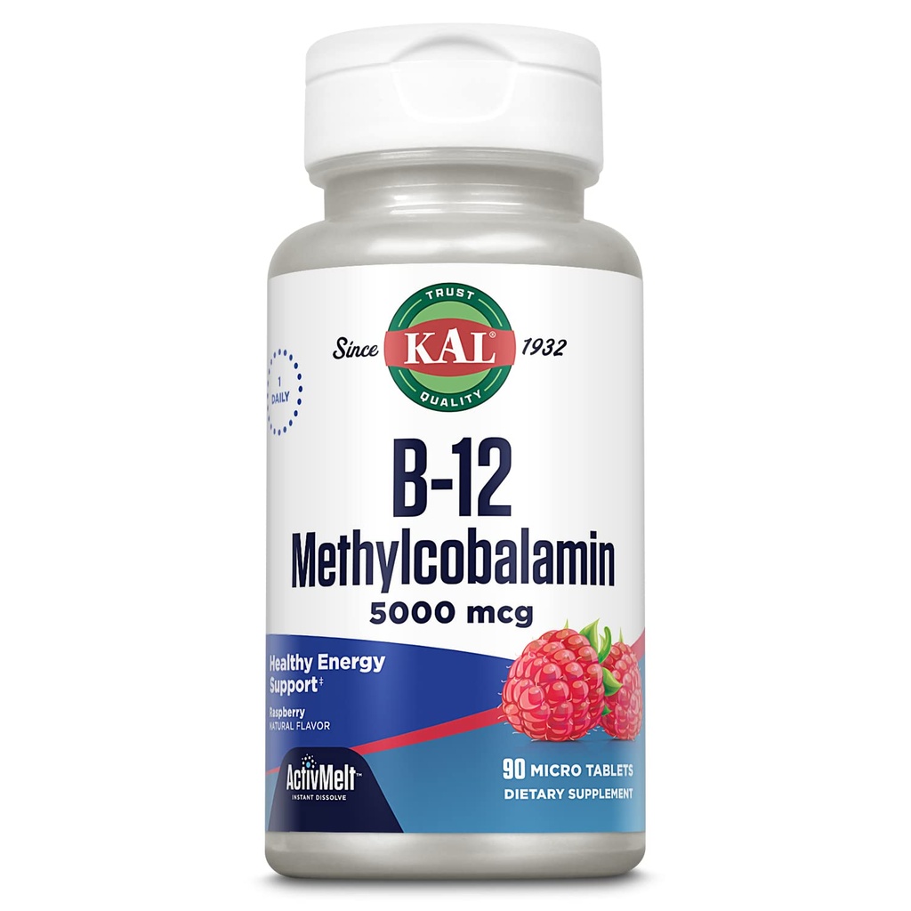 KAL Βιταμίνη B12 Μεθυλοκοβαλαμίνη 5000mcg, Υγιεινή ενέργεια, Μεταβολισμός, Νεύρο & Κόκκινο αίμα Υποστήριξη κυττάρων, * Γρήγορη διαλύονται ενεργοποιήσεις, Βέλτιστη απορρόφηση, Φυσική γεύση βατόμουρο, 90 εξυπηρετούν, 90 micro Tabs