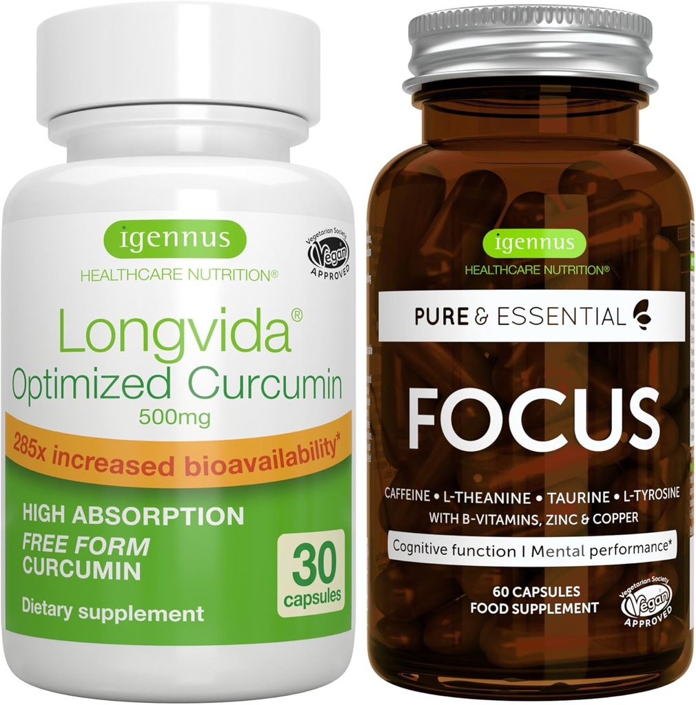 Longvida Lipida Curcumin 500mg + Focus Brain Booster Vegan Bundle, Ultra Bioδιαθέσιμη κουρκουμίνη + καφεΐνη, L-Θεανίνη, Ταυρίνη & L-Τυροσίνη, B-Βιταμίνη, Ψευδάργυρος & Χαλκός, από Igenus