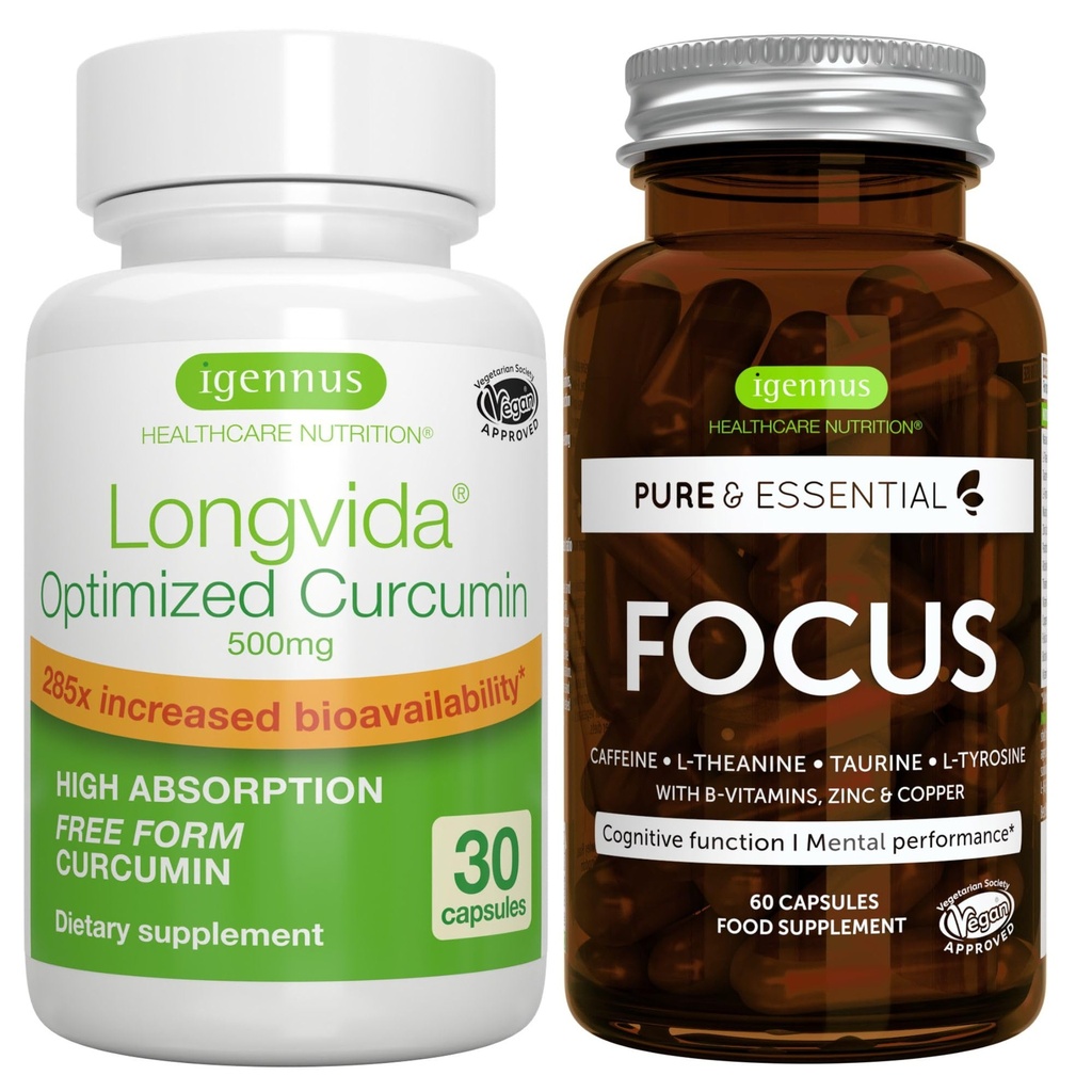 Longvida Lipidated Curcumin 500mg + Focus Brain Booster Vegan Bundle, Ultra Bioavailable Curcumin + Caffeine, L-Theanine, Taurine & L-Tyrosine, B-Vitamins, Zinc & Copper, by Igennus