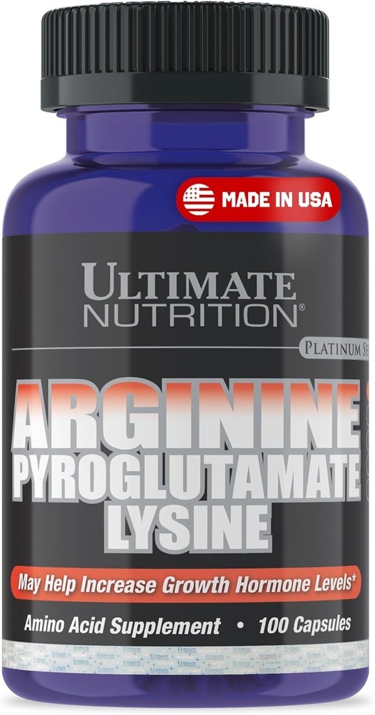 Ultimate Nutrition L-Arginine Συμπληρώματα για Άνδρες & Γυναίκες - Stacked Amino Acid Complex με Aginine, Pyroglutamate & Lysine - Υποστήριξη GH, Παραγωγή οξειδίου του αζώτου & Βέλτιστη ροή αίματος - 100 κάψουλες