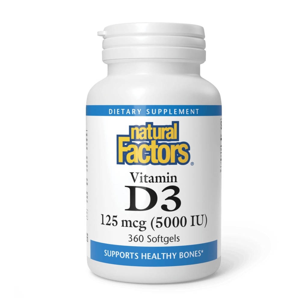 Φυσικοί Παράγοντες, Βιταμίνη D3 5000 IU (125 mcg), Υποστηρίζει ισχυρά οστά, μύες και ανοσοποιητική λειτουργία, 360 Softgels