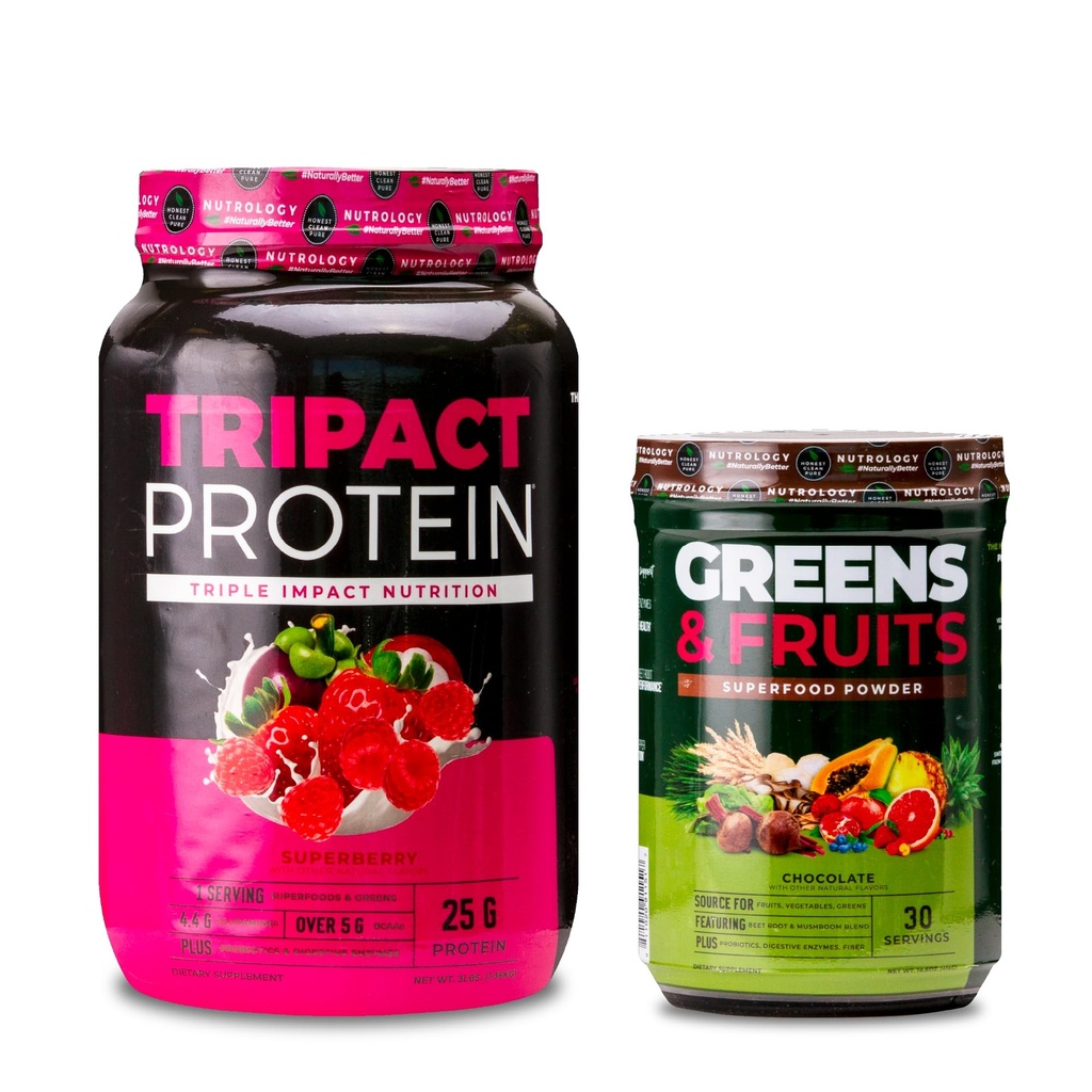 Nutrology TRIPACT Protein Powder, 7-in-1 Replacement Meal Shake, Superberry (40 services) Πράσινα & Φρούτα Σκόνης-Φυσικά πηγμένη Superfood, Σοκολάτα (30 services)