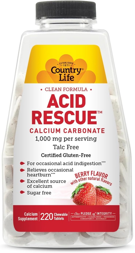 Country Life Acid Rescue Chewable Tablets - Πιστοποιημένο Vegan & Gluten-free Heartburn Relief, 400mg Ασβέστιο & Μαγνήσιο, Μη ΓΤΟ, Χωρίς ζάχαρη άρωμα μέντα, Υποστηρίζει την υγεία των οστών, 220 Count