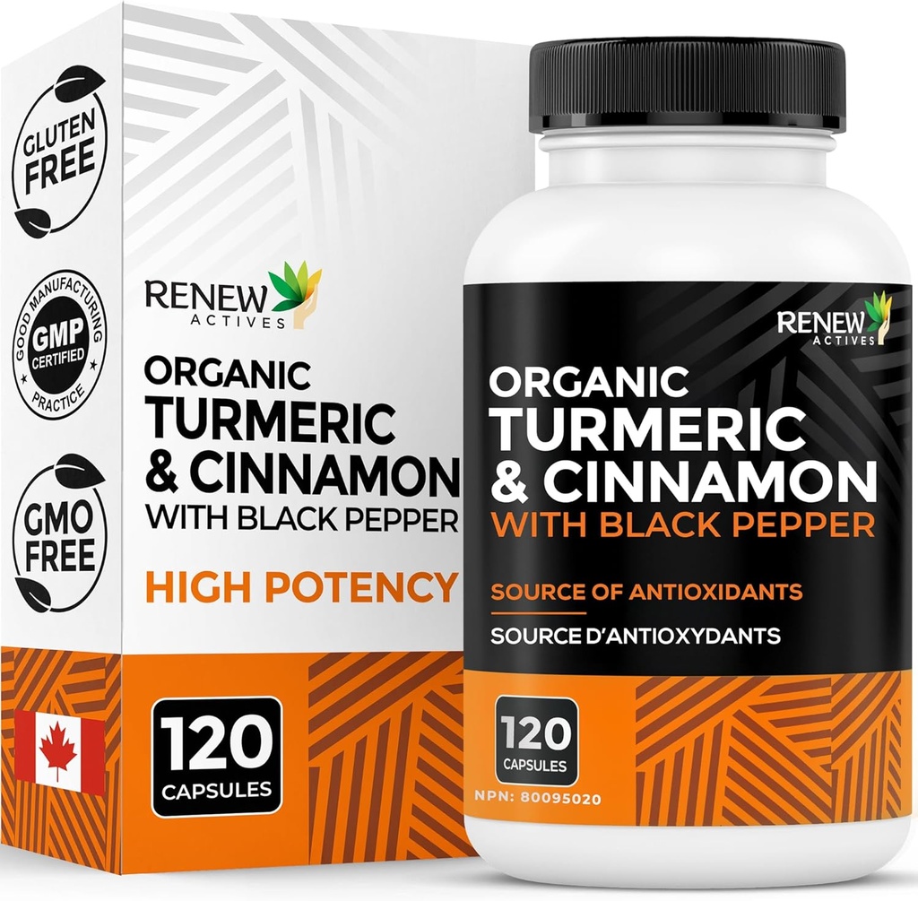 Renew Actives Organic Turmeric 474MG & Cinnamon 50MG per 2 Capsules – with Curcumin & BioPerine for Absorption – Supports Metabolism, Joint Health & Digestion – Made in Canada – 120 Capsules