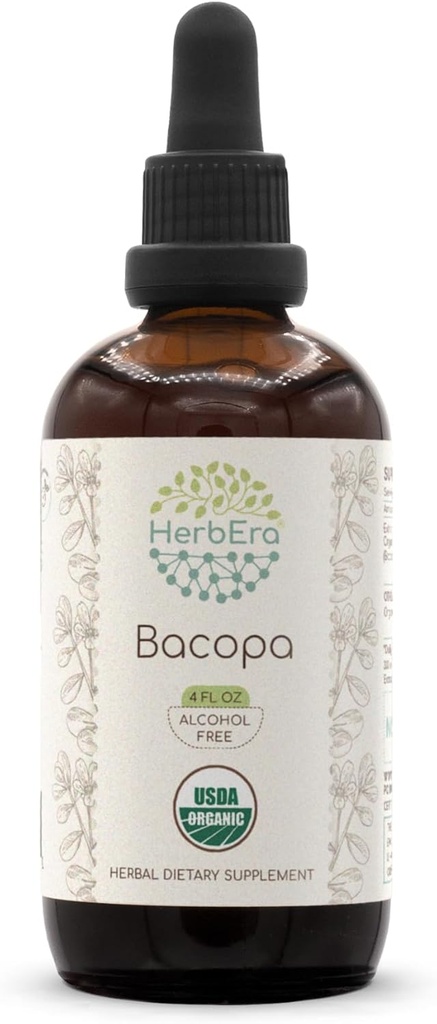 HerbEra Bakopa B120 USDA Βιολογικό Βάμμα Χωρίς Αλκοόλ, Υψηλής ισχύος Βότανο σταγόνες, Χαλάρωση, Θετική Γνωστική Επίδραση 