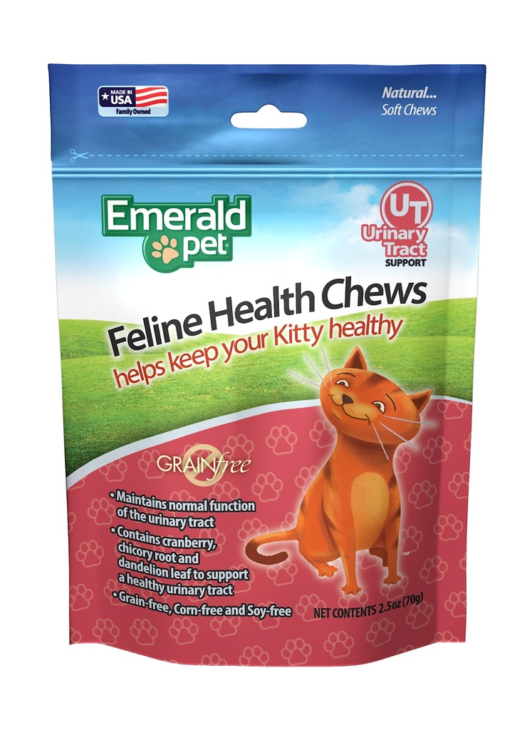 Emerald Pet Feline Health Chews UT Support — Φυσικό εκχύλισμα φύλλων ούρησης χωρίς ούρα — Συμπληρώματα ούρων γάτας με Cranberry, Chicory Root, και Dandelion Leaf Extract — Κατασκευασμένο στις ΗΠΑ, 2,5 oz