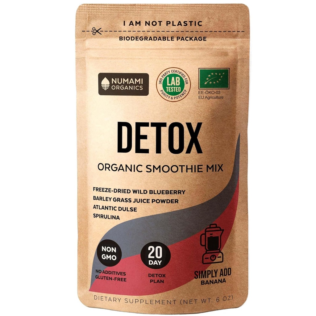 Numami Organic Detox Blueberry Smoothie Powder με υγιή Spirulina, Atlantic Dulse και Barley Grass Juice Powder, Premium ποιότητας superfood από την Ευρώπη