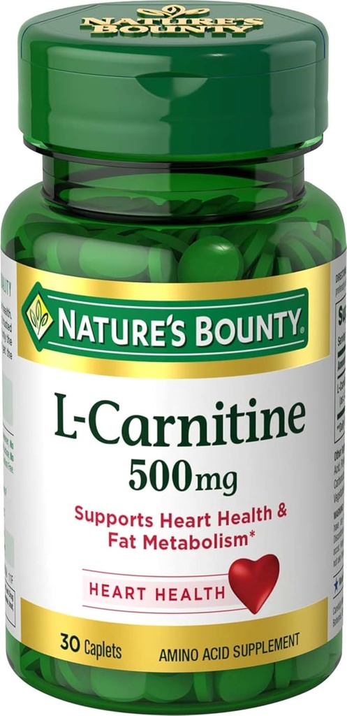 Nature's Bounty L- Carnitine, Υποστηρίζει την υγεία της καρδιάς & το λίπος Μεταβολισμός, συμπλήρωμα αμινοξέων, 500 mg, 30 δισκία