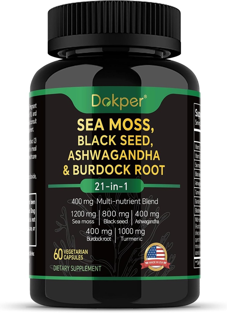 Sea Moss, Ashwagandha, Black Seed Oil Supplement, Βιταμίνη C & D3 με Turmeric, Bladderwrack & Burdock Root, Φυσική βοτανική υποστήριξη για άνδρες & γυναίκες 60 κάψουλες, συμπληρώματα διατροφής, Συσκευασία του 1