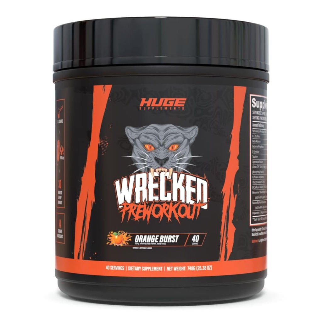 Τεράστια Συμπληρώματα Wrecked Pre-Workout, Advanced Formula, Boosts Energy, Focus, Αντλίες & Απόδοση, 10g L-Citrulline, 6.4g Beta Alanine, 5g Tyrosine, 1g Alpha GPC, 375mg Fast-Active Caffeine & More
