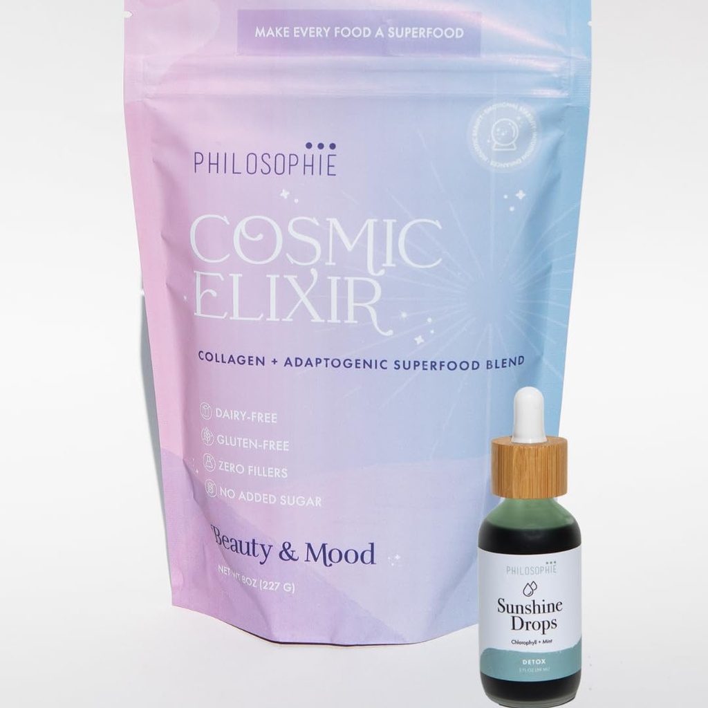 Philosophie Sunshine Drops & Cosmic Elixir Bundle - Liquid Chlorophyll & Superfood Powder Blend - All Natural Plant-Based 2pack