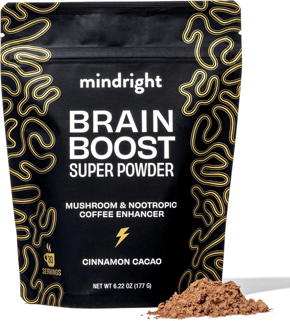 mindright Brain Boost Mushroom Coffee Enhancer - Superfood Blend w/Mushroom - Μάνα λιονταριού, εκχύλισμα φρούτων καφέ, Rhodiola, Cordyceps, Cacao - Caffeine Χωρίς Ζάχαρη 30 Σερβιέτες