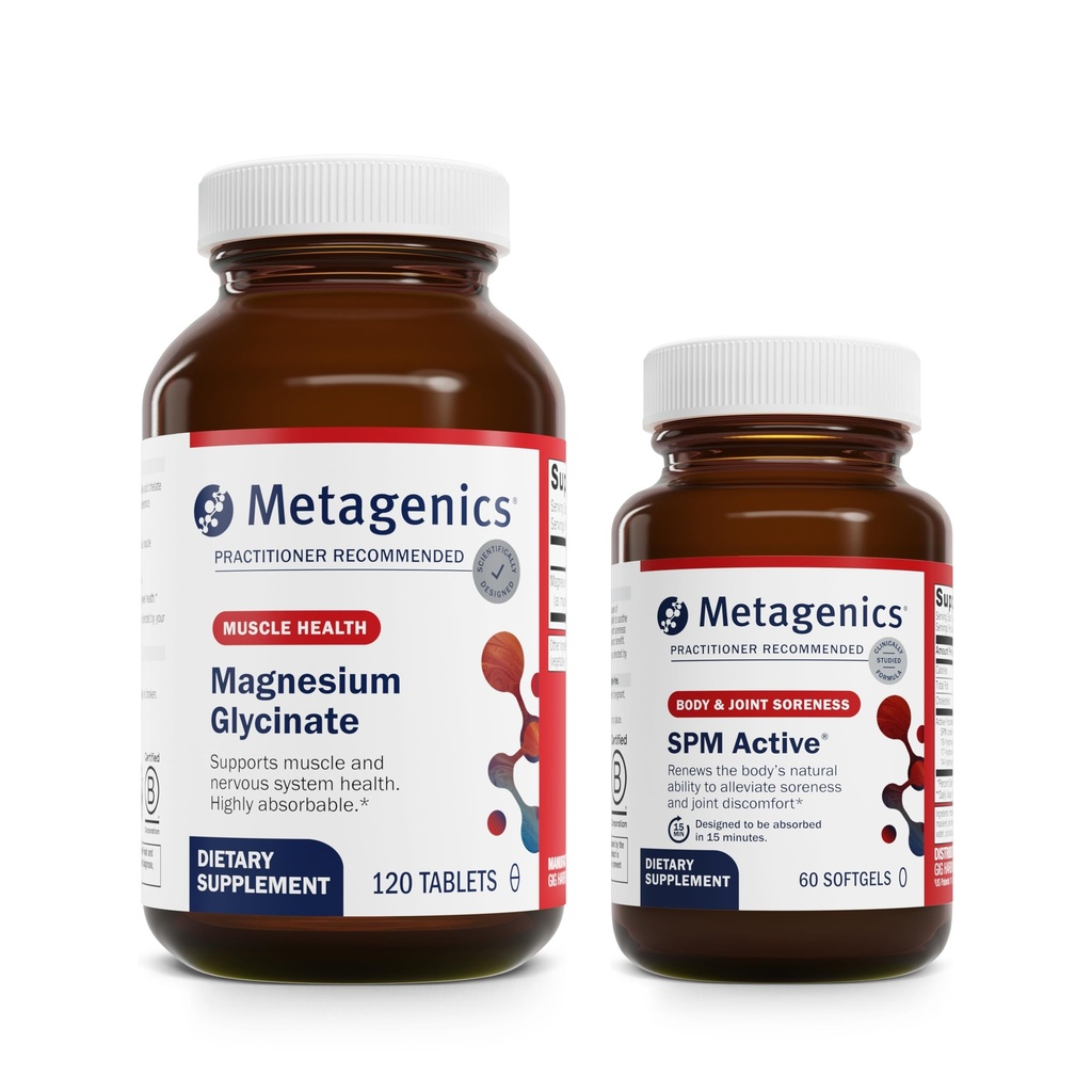 Metagenics Relief Duo - Μαγνήσιο Γλυκινικό & SPM Ενεργό - 120 Δισκία Μαγνησίου Γλυκινικό για την υποστήριξη του νευρικού συστήματος - 60 Softgels του SPM Ενεργό για την ανακούφιση κοινής άνεσης & μικρής δυσφορίας