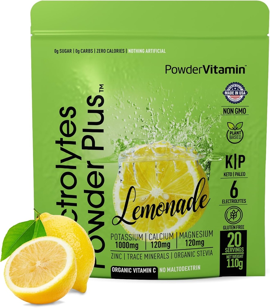 Σκόνη Vitamin Ηλεκτρολυτές σκόνης Plus (20 σερβίτσια) Λεμονάδα Ηλεκτρολυτική σκόνη, Όχι Μαλτοδεξτρίνη, Κέτο, Χωρίς ζάχαρη, Αλάτι Ιμαλαΐων ροζ, 1000mg Κάλιο, 120mg Ασβέστιο, 120mg Μαγνήσιο, Σκόνη Υδμάτωσης