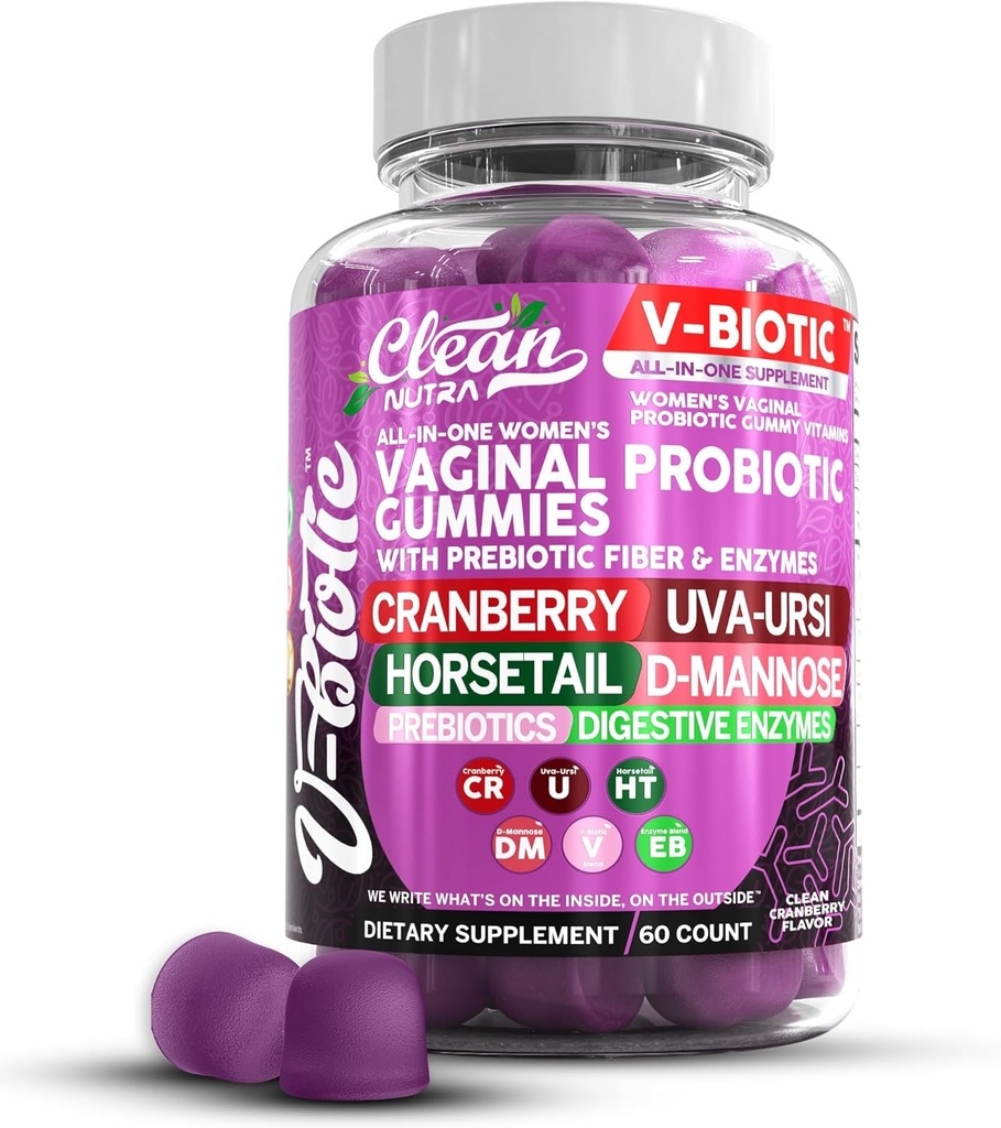 Clean Nutraceuticals Vaginal Probiotics for Women Gummies with Cranberry, Uva Ursi, Horsetail, D-Mannose, Prebiotics & Digestive Enzymes, Vaginal Health Supplement for pH Balance Flora Odor VBiotic