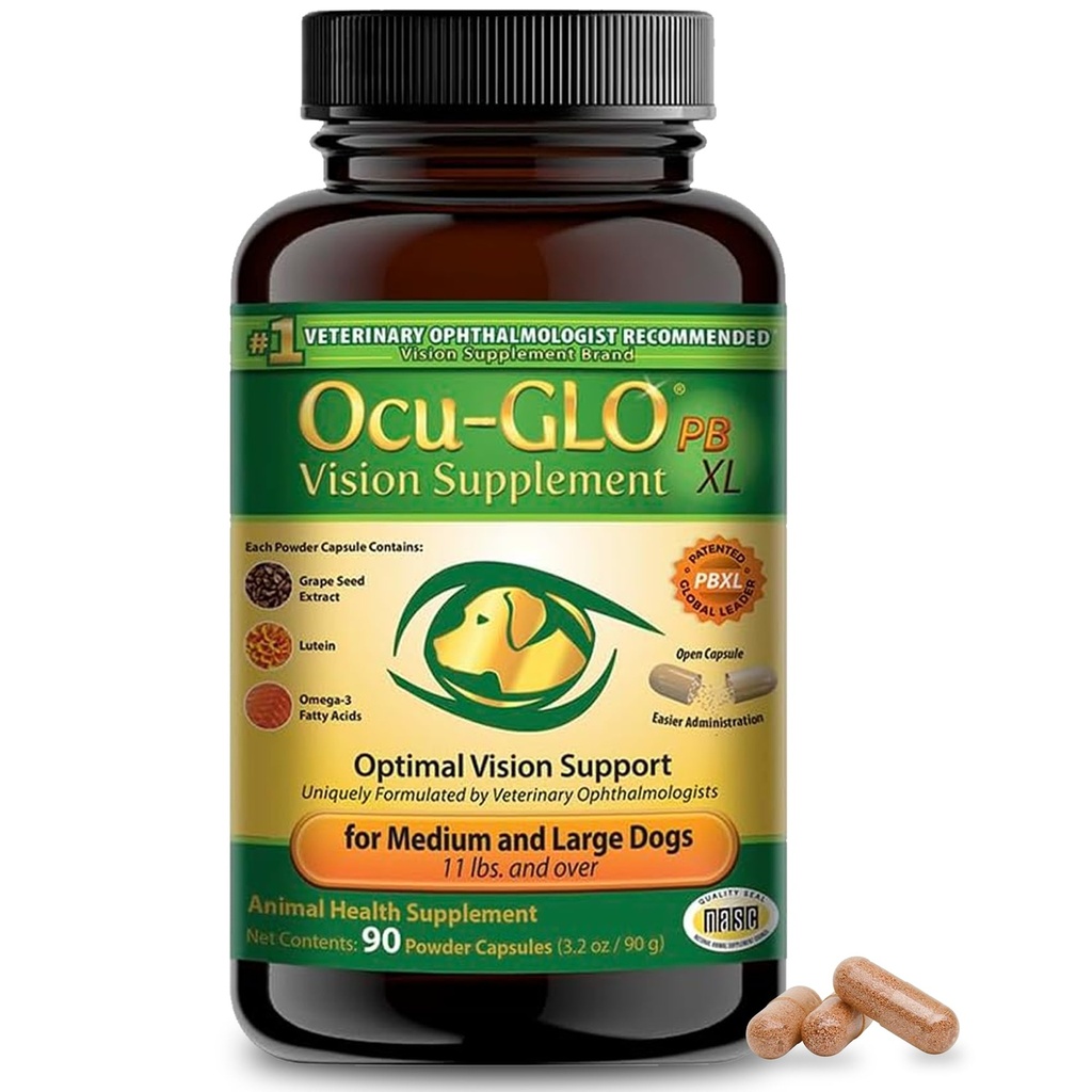Ocu-GLO PB Vision Supplement for Medium & Large Dogs – Εύκολο στη χορήγηση σκόνης με Lutein, Omega-3 λιπαρά οξέα, εκχύλισμα σπόρων σταφυλιών & αντιοξειδωτικά για την προώθηση της υγείας των ματιών, 90ct κάψουλες σκόνης