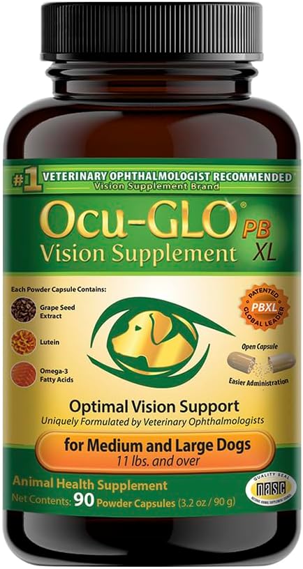 Ocu-GLO PB Vision Supplement for Medium & Large Dogs – Εύκολο στη χορήγηση σκόνης με Lutein, Omega-3 λιπαρά οξέα, εκχύλισμα σπόρων σταφυλιών & αντιοξειδωτικά για την προώθηση της υγείας των ματιών, 90ct κάψουλες σκόνης