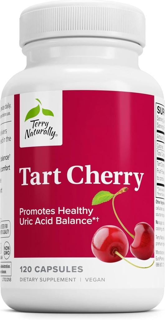 Terry Φυσικά Tart Cherry - Αντιοξειδωτικό συμπλήρωμα για την υποστήριξη της υγιούς ισορροπίας ουρικού οξέος & κοινή υγεία - Συμπλήρωμα διατροφής - Συμπλήρωμα διατροφής για την αποκατάσταση βοήθειας μετά την άσκηση - 120 κάψουλες