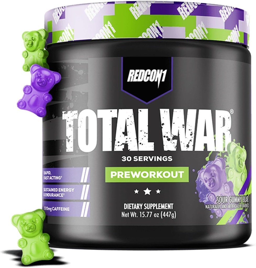 REDCON1 συνολική προ του πολέμου προπόνηση, Sour Gummy Bear - Περιέχει 320mg καφεΐνη από Πράσινο Τσάι, Juniper & Beta Alanine - Pre Work Out με Αμινοξέα για να αυξήσει την αντλία, ενέργεια + αντοχή (30 εξυπηρετούν)