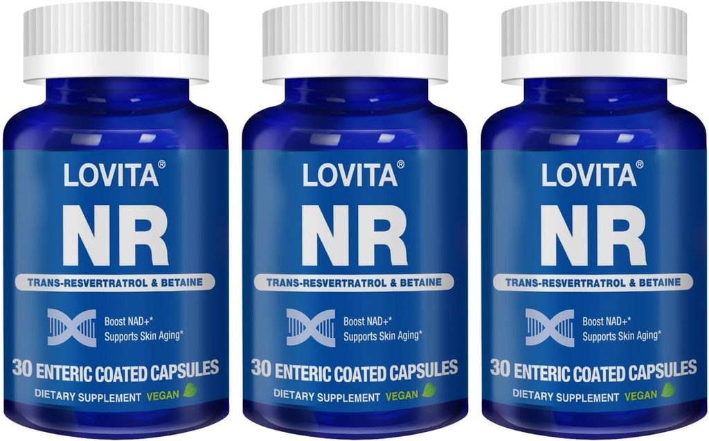 Lovita NR (Nicotinamide Riboside) 350 mg, συμπλήρωμα NAD με Trans-Reεσβερατρόλη και βηταΐνη, Προώθηση επιπέδων NAD Plus, Υγιεινή γήρανση, 30 Vegan Enteric-Coated Κάψουλες (πακέτο των 3)