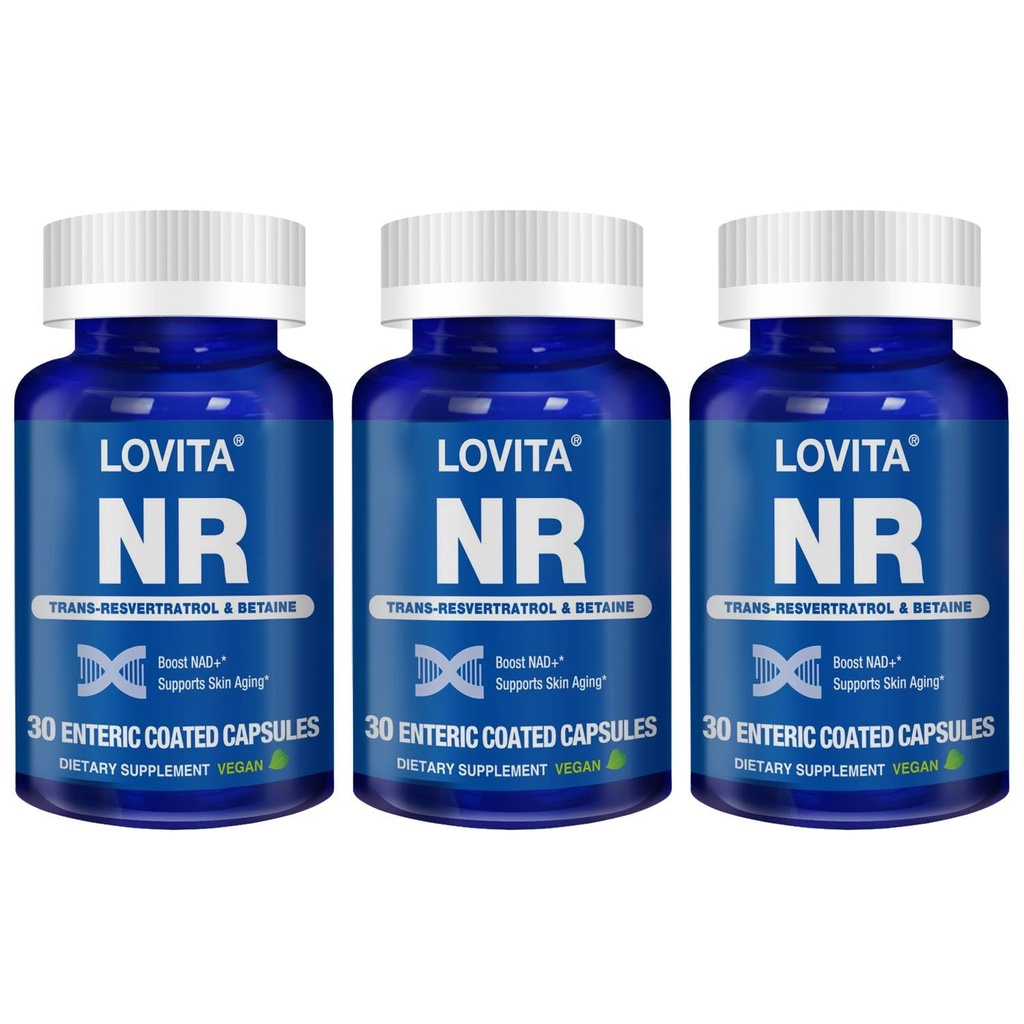 Lovita NR (Nicotinamide Riboside) 350 mg, συμπλήρωμα NAD με Trans-Reεσβερατρόλη και βηταΐνη, Προώθηση επιπέδων NAD Plus, Υγιεινή γήρανση, 30 Vegan Enteric-Coated Κάψουλες (πακέτο των 3)