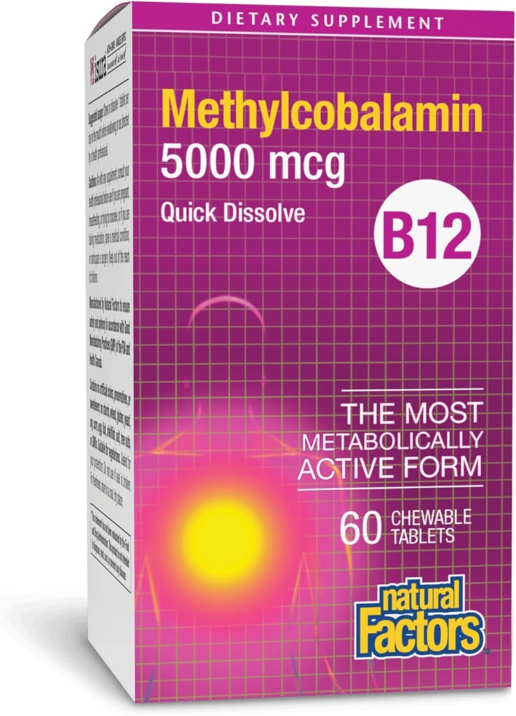 Natural Factors, Vitamin B12 Methylcobalamin 5000 mcg, Chewable Support for Energy and Immune Health, Vegetarian, 60 tablets (60 servings)