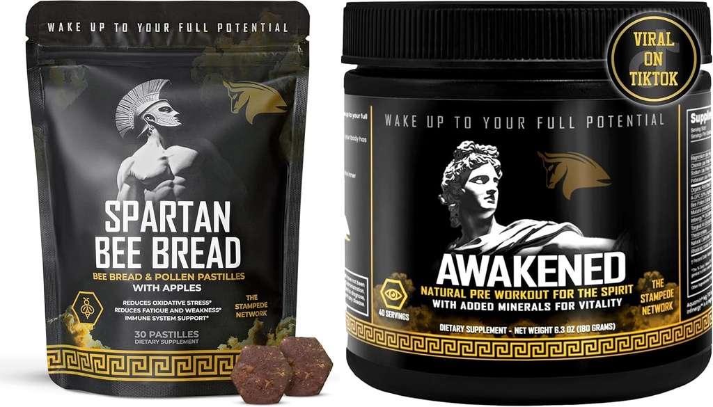The Stampede Network Awakened Natural Pre Workout Powder & Spartan Bee Bread Chewables Natural Multivitamin Bundle