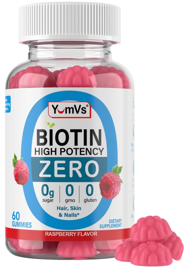 Biotin Gummies Sugar Free – 5,000 mcg High Potency Biotin for Hair, Skin & Nails – Zero Sugar, Non-GMO, Gluten Free, Vegan Raspberry Gummies – 60 Count