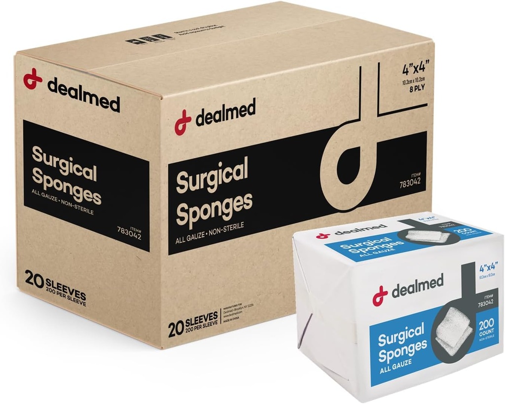 Dealmed 4" x 4" Χειρουργικά σφουγγάρια, 8-Ply, μη-Woven Absorbent Gauze Σφουγγάρια για φροντίδα τραύματος, σετ πρώτων βοηθειών και ιατρικές εγκαταστάσεις, 200 Count ( Υπόθεση 20)