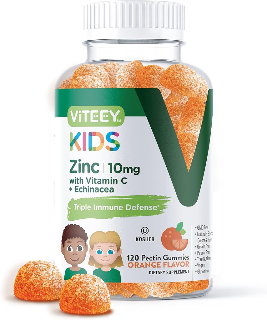 Viteey Zinc for Kids Gummies 10mg, with Vitamin C & Echinacea - Immune Support, Powerful Natural Antioxidant, Kids Zinc Vitamin Supplement - Vegan, Gelatin Free - Tasty Chewable Orange Flavor Gummy