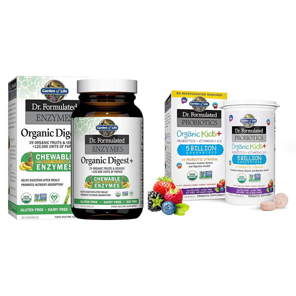 Garden of Life Dr Formulated Digestive Enzymes with Papain, Bromelain & Dr. Formulated Probiotics Organic Kids+ Plus Vitamin C & D - Berry Cherry