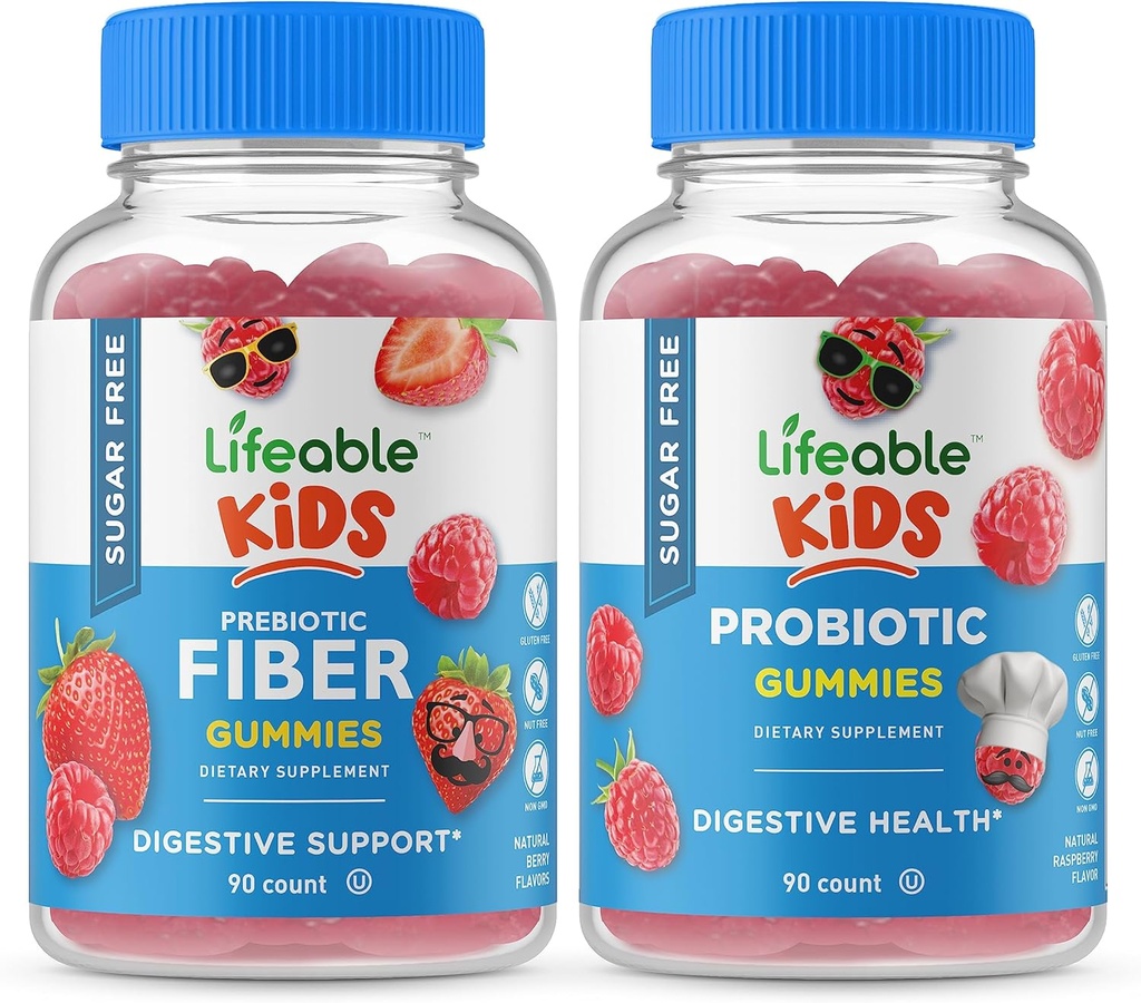 Ζωηρό χωρίς ζάχαρη Preciotic Fiber Kids + Probiotic + Prebiotic Fiber Kids, Gummies Bundle - Μεγάλη γεύση, συμπλήρωμα βιταμίνης, Χωρίς γλουτένη, GMO Δωρεάν, Μασώμενο Gummy