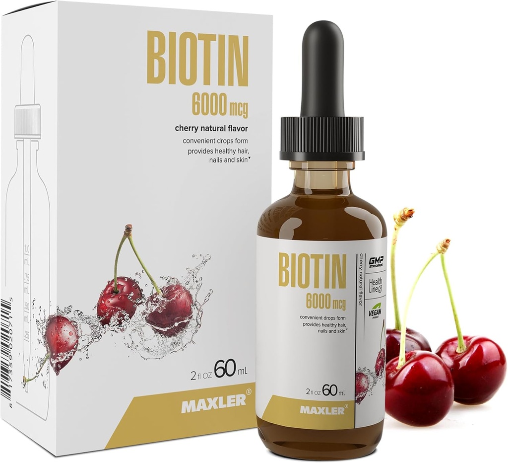 Maxler Liquid Biotin Drops - Vegan Biotin Βιταμίνες για το δέρμα των μαλλιών και τα νύχια - Biotin συμπλήρωμα για το μεταβολισμό των υδατανθράκων, πρωτεϊνών & λιπών - 6000mcg της Biotin Liquid ανά υπηρεσία - Cherry Flavor