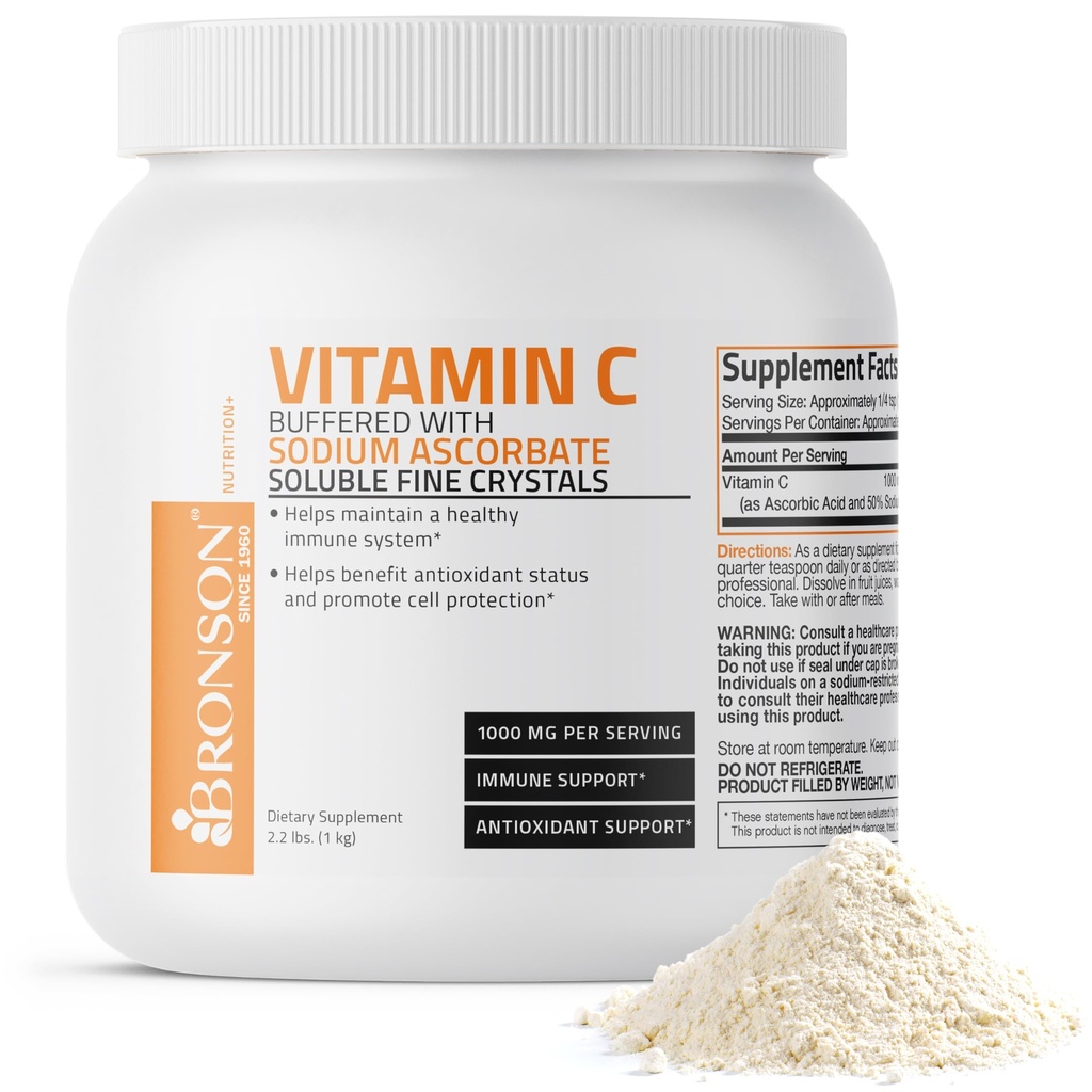 Bronson Buffered Vitamin C Σκόνη Ασκορβικό Οξύ Διασπειρόμενο με Ασκορβικό Νάτριο Διαλυτά Πρόσθετα Κρύσταλλα – Προάγει Υγιές Ανοσοποιητικό Σύστημα και Προστασία των Κυττάρων – Ισχυρό Αντιοξειδωτικό - 1 Χιλιόγραμμο (2,2 Lbs)