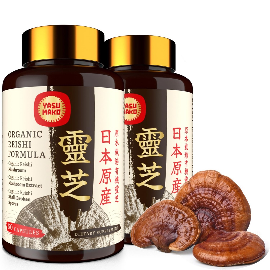 Japanese Reishi Mushroom Supplement 800mg with Reishi Mushroom Extract 500mg & Shell-Broken Spores 200mg, Organic Mushroom Caps for Immune System - Real Fruiting Body (Pack of 2)