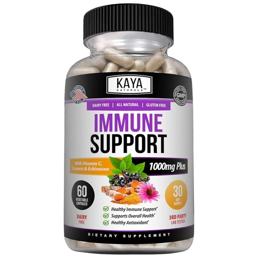 Kaya Naturals Adultberry Immune Support, Elderberry with Zinc and Vitamin C for Adults Vitamins, Probiotics & Turmeric 1000mg Immune System Booster Sambucus Caps - 60 Count